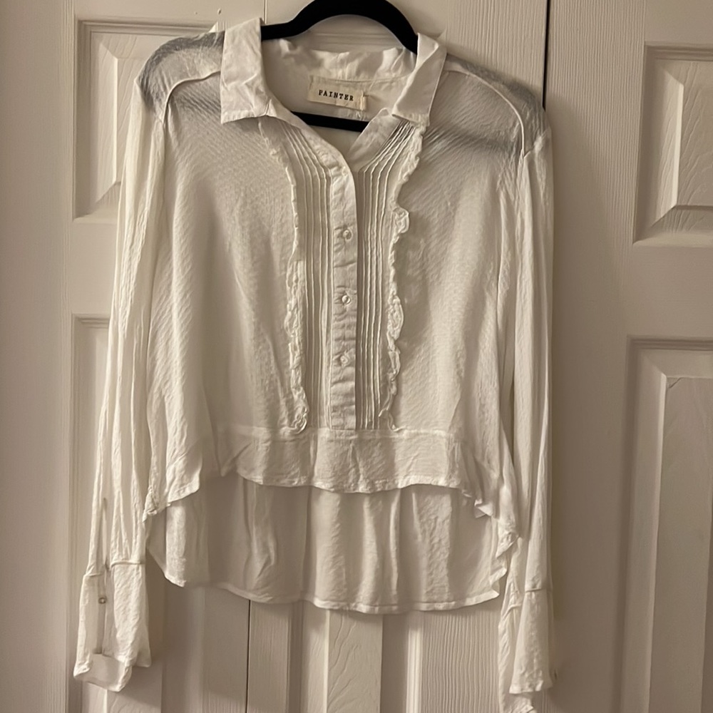 CREAM CROPPED RUFFLE PLACKET BLOUSE